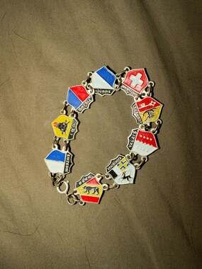 Vintage Swiss Souvenir Enamel Shield Charm Bracelet with Cantonal Crests